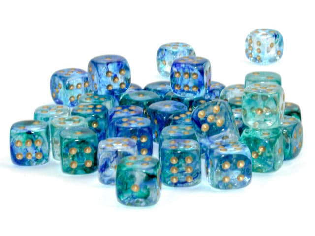Chessex | d6 Dice Block | Acrylic | Nebula Oceanic/gold 12mm d6 (36 Dice) (CHX 27956)