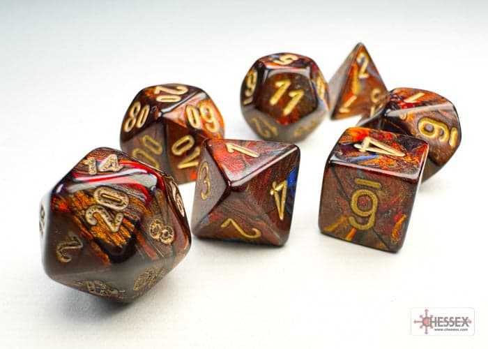 Chessex | Mini-hedral Dice Set | Acrylic | Scarab Blue Blood/gold (CHX 20419)