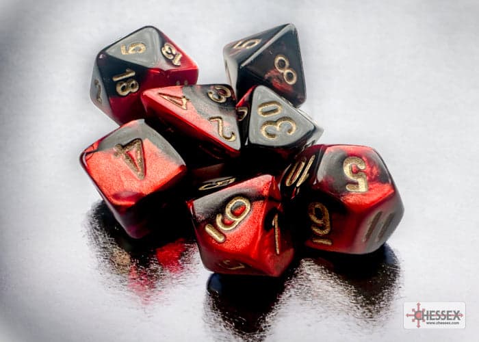 Chessex | Mini-hedral Dice Set | Acrylic | Gemini Black-Red/gold (CHX 20633)