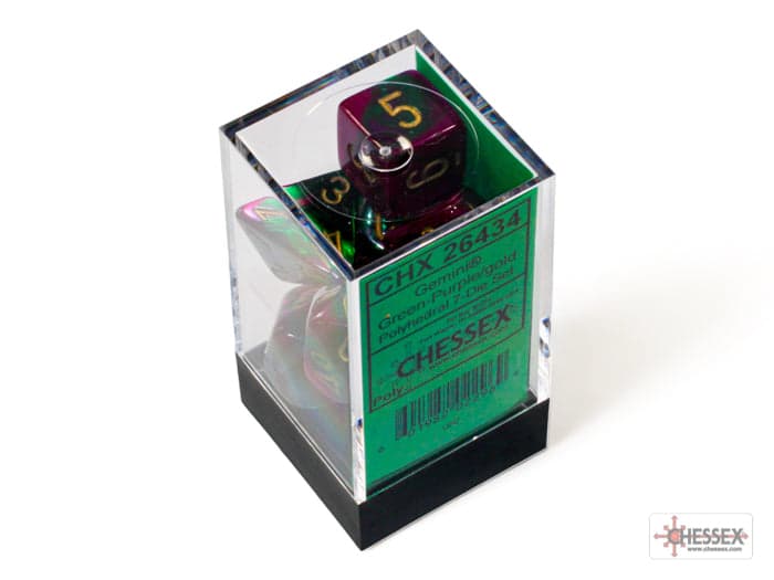 Chessex | Polyhedral Dice Set | Acrylic | Gemini Green-Purple/gold (CHX 26434)
