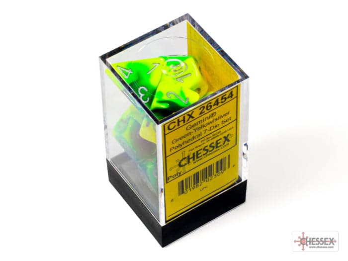 Chessex | Polyhedral Dice Set | Acrylic | Gemini Green-Yellow/silver (CHX 26454)