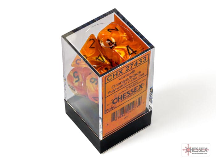 Chessex | Polyhedral Dice Set | Acrylic | Vortex Orange/black (CHX 27433)
