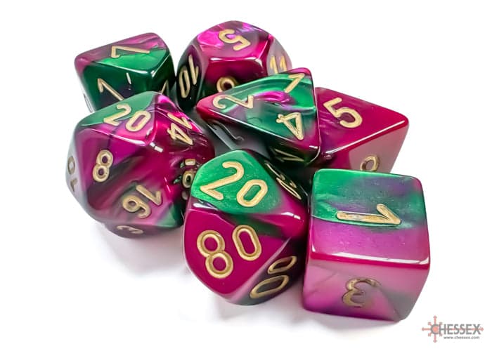 Chessex | Polyhedral Dice Set | Acrylic | Gemini Green-Purple/gold (CHX 26434)