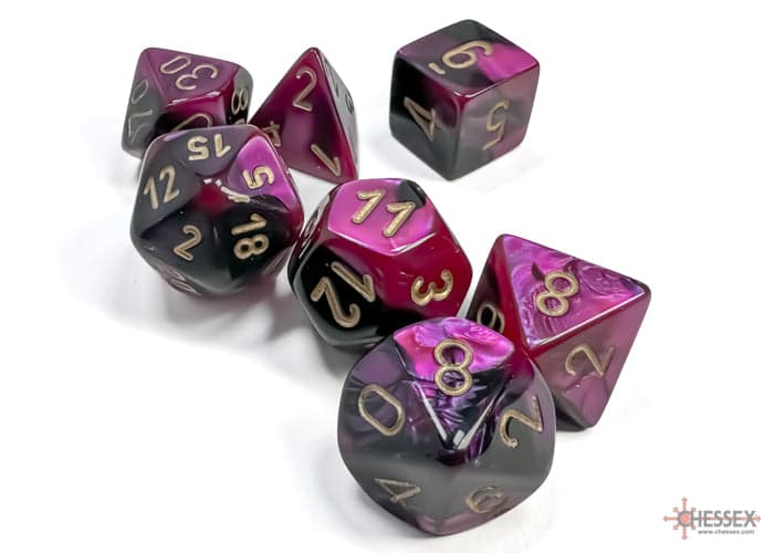Chessex | Polyhedral Dice Set | Acrylic | Gemini Black-Purple/gold (CHX 26440)