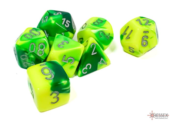 Chessex | Polyhedral Dice Set | Acrylic | Gemini Green-Yellow/silver (CHX 26454)