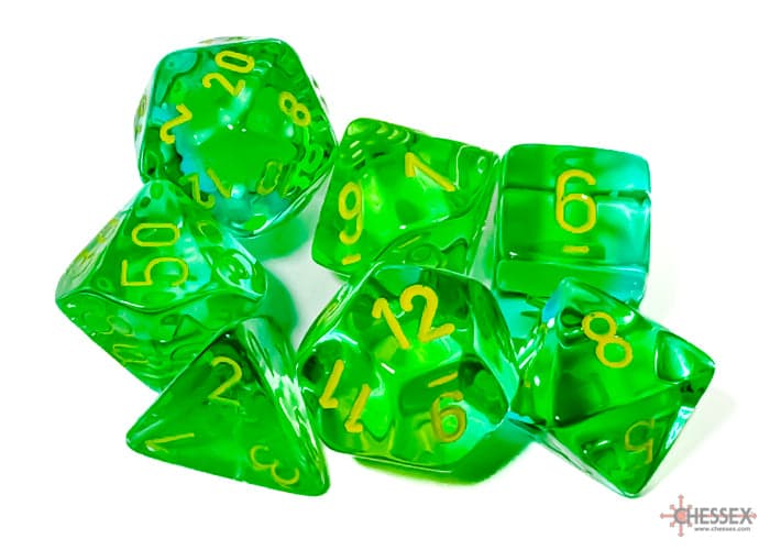 Chessex | Polyhedral Dice Set | Acrylic | Gemini Translucent Green-Teal/yellow (CHX 26466)