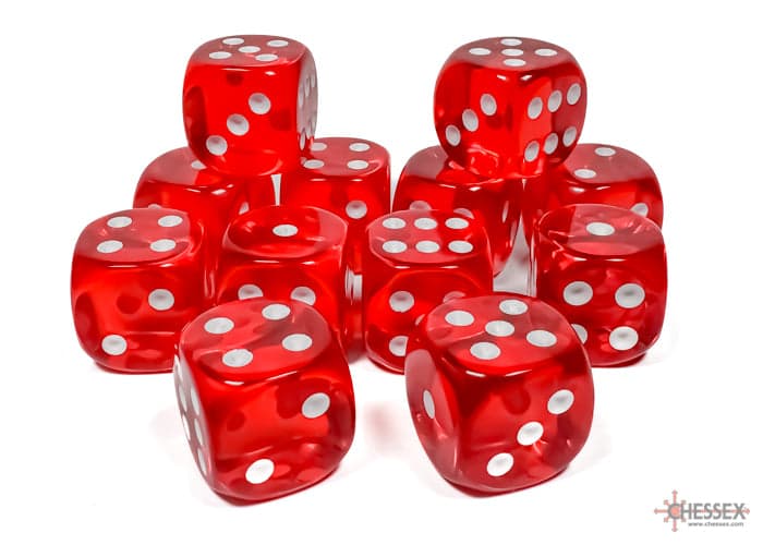 Chessex | d6 Dice Block | Acrylic | Translucent Red/White 16mm d6 (12 dice) (CHX 23604)