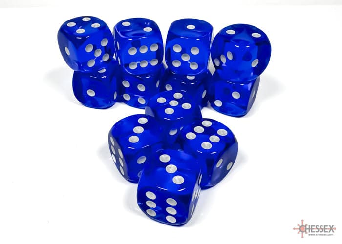 Chessex | d6 Dice Block | Acrylic | Translucent Blue/White 16mm d6 (12 dice) (CHX 23606)