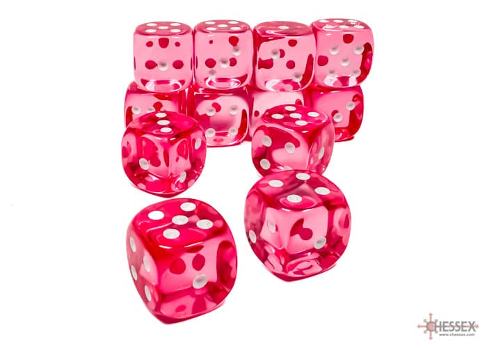 Chessex | d6 Dice Block | Acrylic | Translucent Pink/White 16mm d6 (12 dice) (CHX 23614)