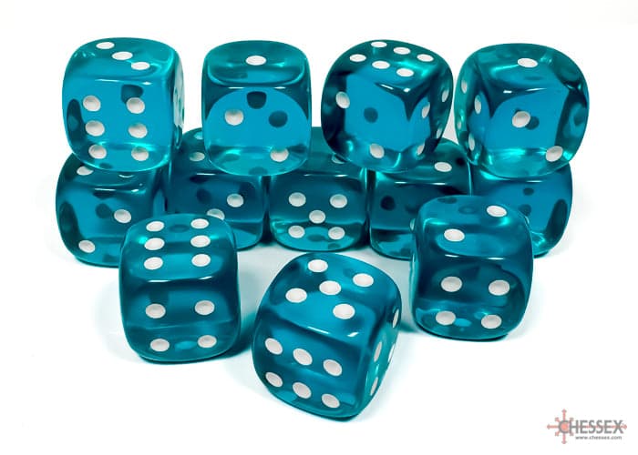 Chessex | d6 Dice Block | Acrylic | Translucent Teal/White 16mm d6 (12 dice) (CHX 23615)