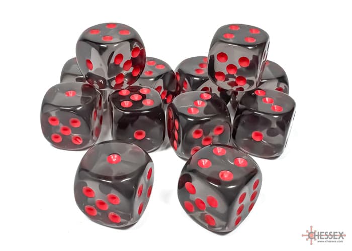 Chessex | d6 Dice Block | Acrylic | Translucent Smoke/Red 16mm d6 (12 dice) (CHX 23618)