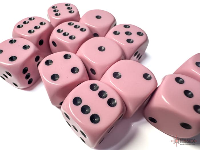 Chessex | d6 Dice Block | Acrylic | Opaque Pastel Pink/Black 16mm d6 (12 dice) (CHX 25664)