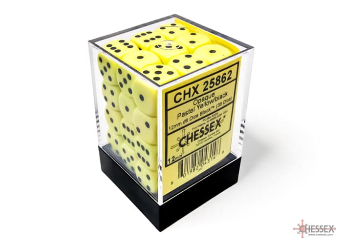 Chessex | d6 Dice Block | Acrylic | Opaque Pastel Yellow/black 12mm d6 (36 Dice) (CHX 25862)