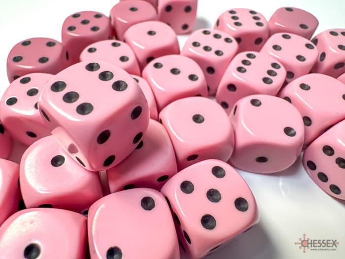 Chessex | d6 Dice Block | Acrylic | Opaque Pastel Pink/black 12mm d6 (36 Dice) (CHX 25864)