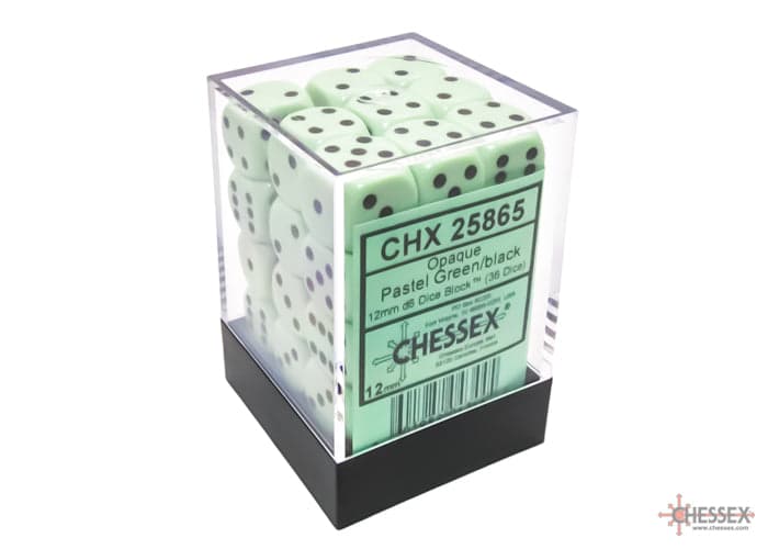 Chessex | d6 Dice Block | Acrylic | Opaque Pastel Green/black 12mm d6 (36 Dice) (CHX 25865)