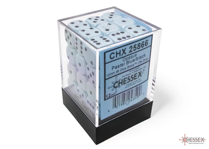 Chessex | d6 Dice Block | Acrylic | Opaque Pastel Blue/black 12mm d6 (36 Dice) (CHX 25866)