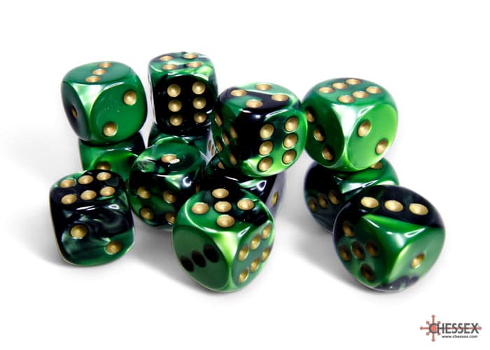 Chessex | 16mm D6 Dice Block | Gemini | Black-Green/Gold (CHX26639)