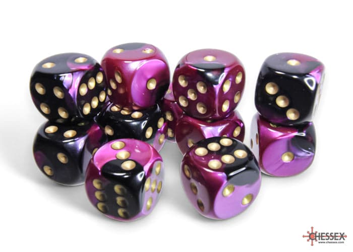 Chessex | 16mm D6 Dice Block | Gemini | Black-Purple/Gold (CHX26640)