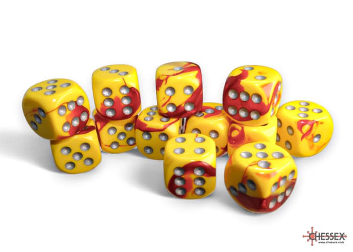 Chessex | d6 Dice Block | Acrylic | Gemini Red-Yellow/silver 16mm d6 (12 dice) (CHX 26650)