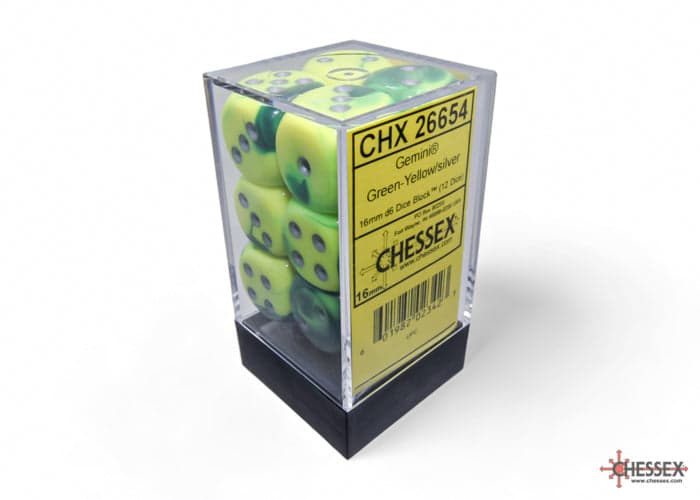 Chessex | d6 Dice Block | Acrylic | Gemini Green-Yellow/silver 16mm d6 (12 dice) (CHX 26654)