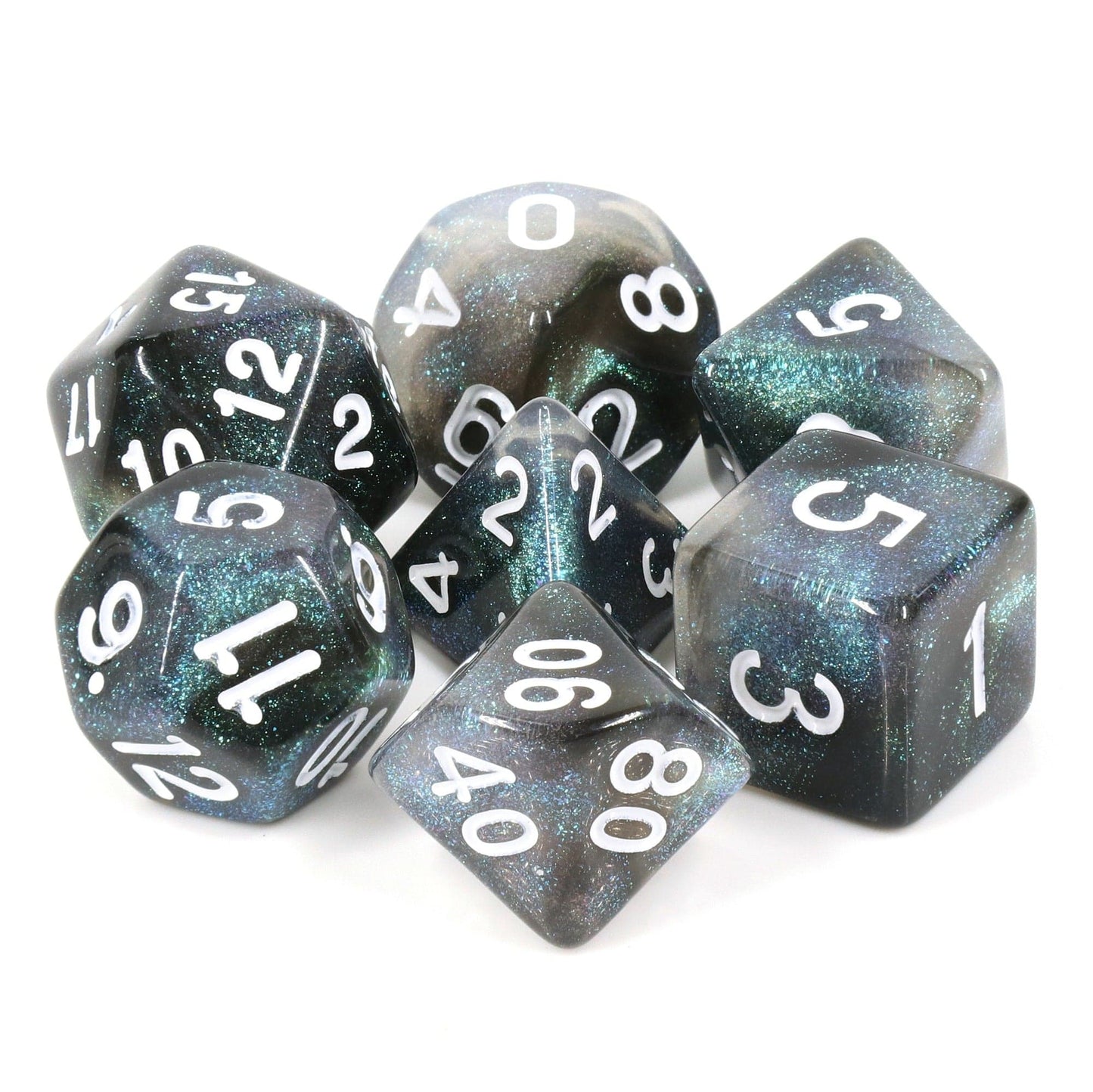 RPG Dice | "Emerald Aurora" White Ink | Set of 7