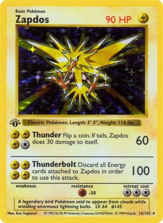Zapdos 16- Base Set Shadowless 1st Edition Holofoil
