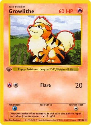 Growlithe 028- Base Set Shadowless 1st Edition