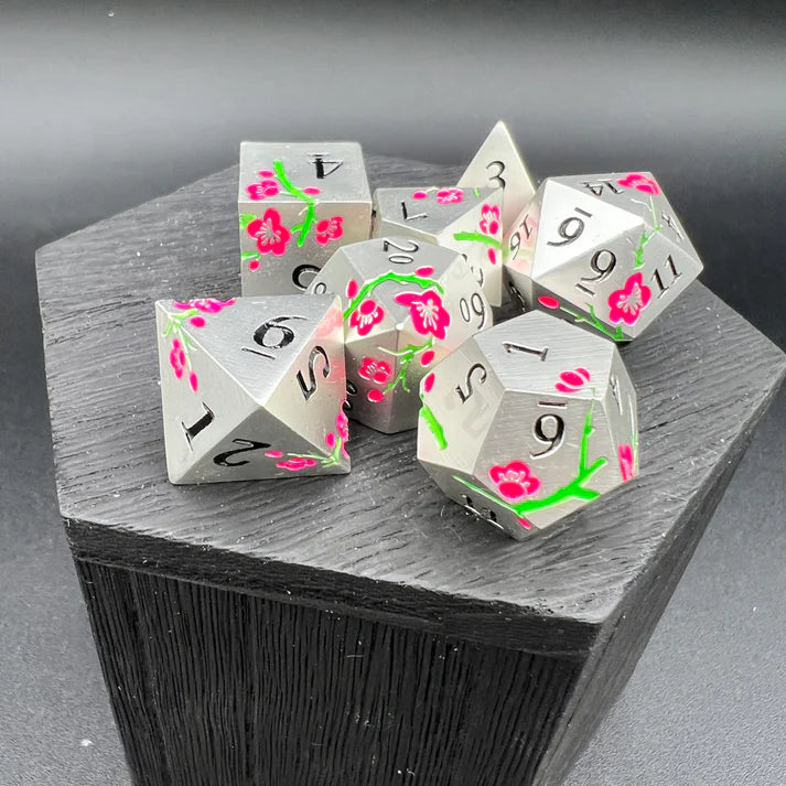 Polyhedral Dice Set | Metal | "Plum Blossom" - Silver and Pink GLOW  | Set of 7 (D0267)