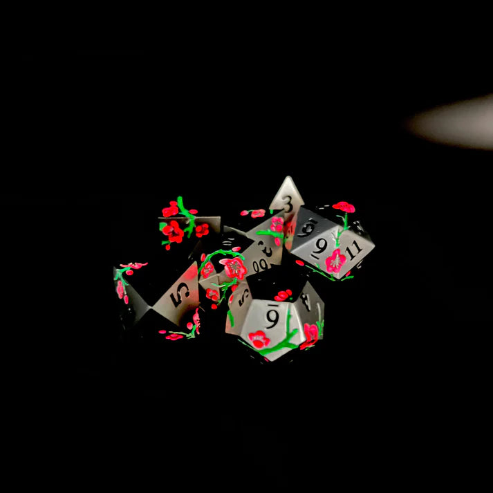 Polyhedral Dice Set | Metal | "Plum Blossom" - Silver and Pink GLOW  | Set of 7 (D0267)