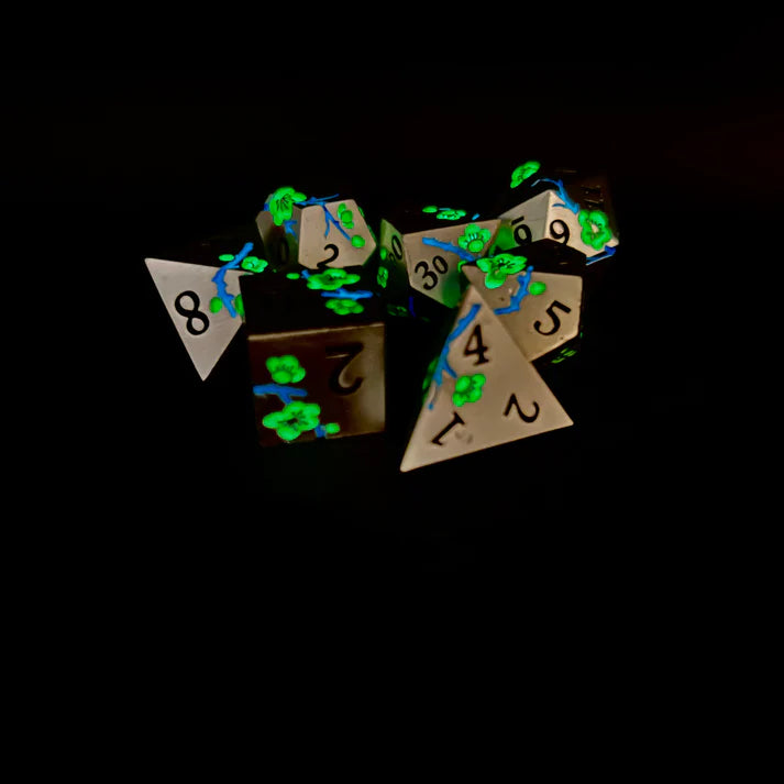 Polyhedral Dice Set | Metal | "Plum Blossom" - Silver and Green GLOW  | Set of 7 (D0269)