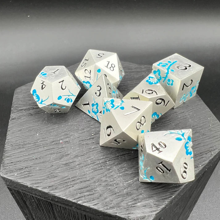 Polyhedral Dice Set | Metal | "Plum Blossom" - Silver and Blue GLOW  | Set of 7 (D0268)