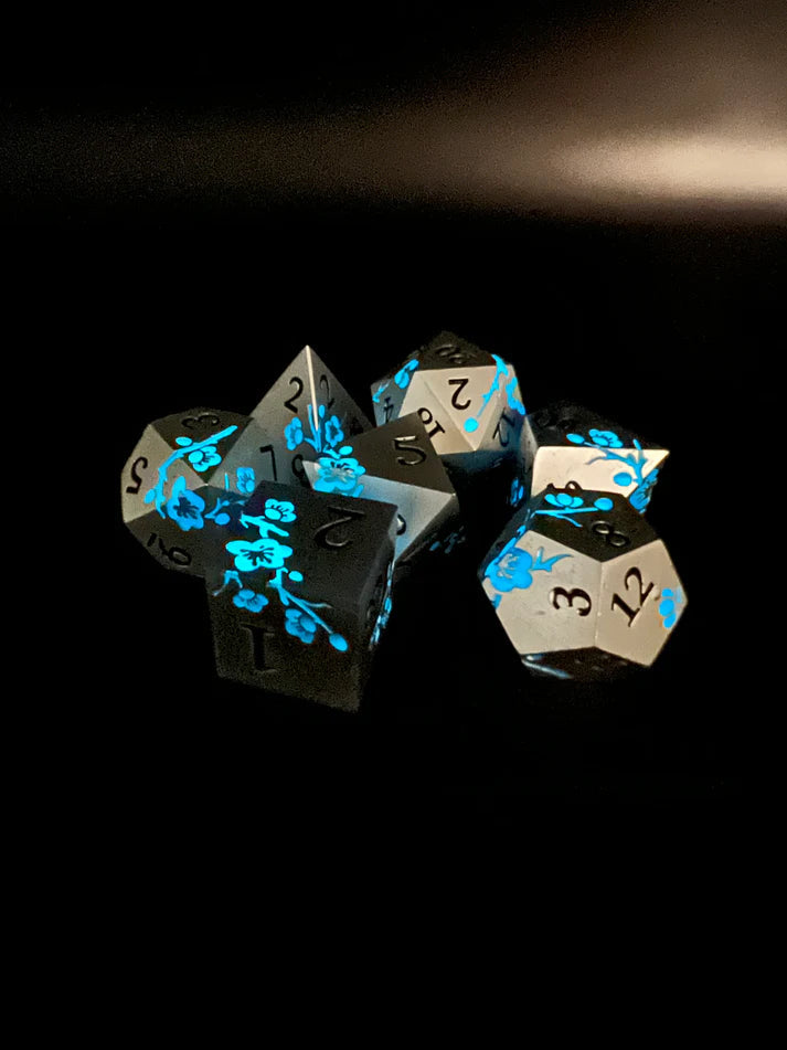 Polyhedral Dice Set | Metal | "Plum Blossom" - Silver and Blue GLOW  | Set of 7 (D0268)
