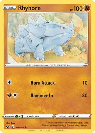 Rhyhorn 096/202 - SWSH01 Sword & Shield Base Set Reverse Holofoil