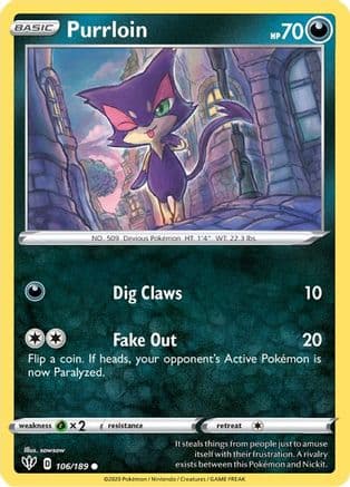 Purrloin 106  - Reverse Holofoil SWSH03 Darkness Ablaze - Common