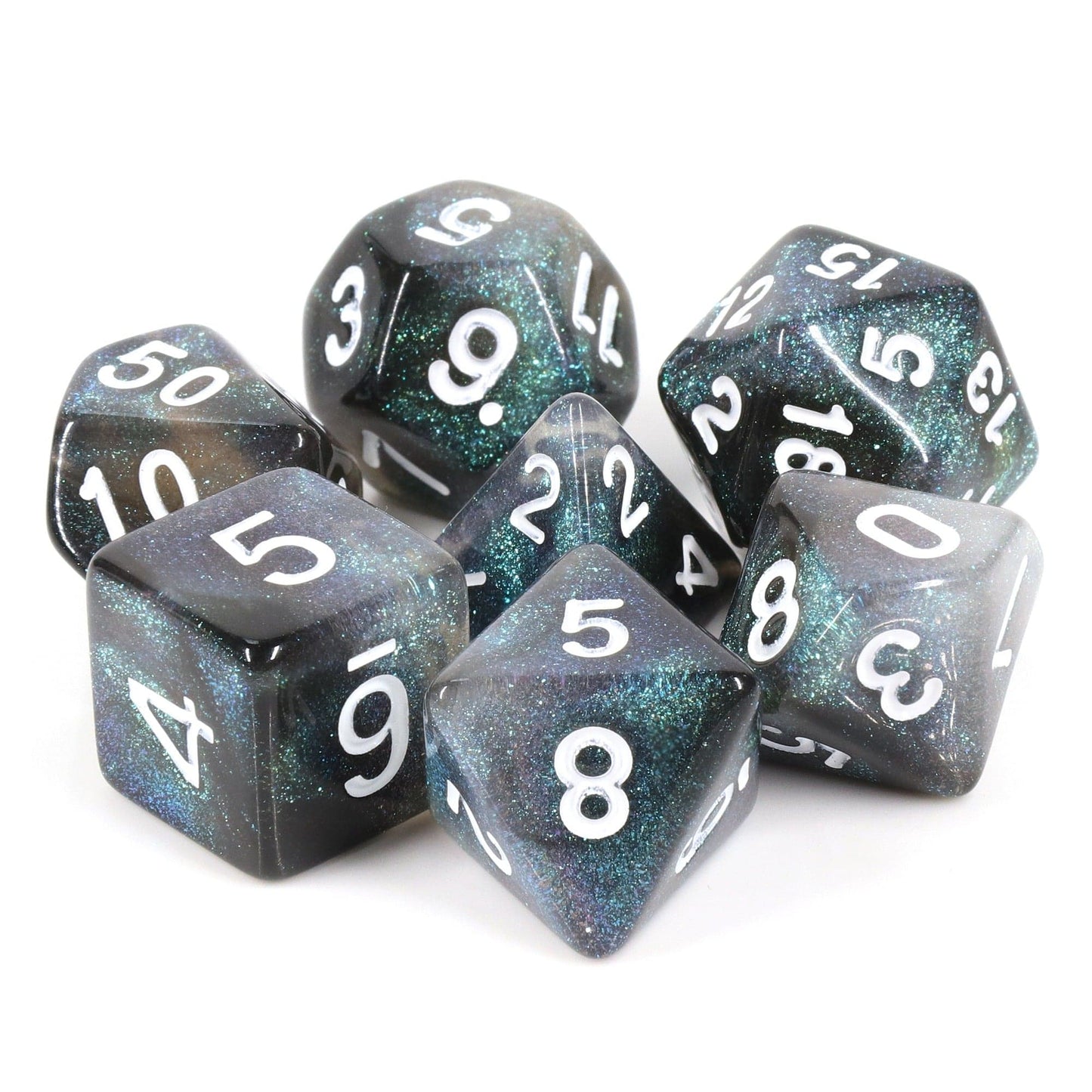 RPG Dice | "Emerald Aurora" White Ink | Set of 7