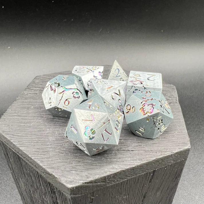 Polyhedral Dice Set | Metal | "Plum Blossom" - Silver and Rainbow | Set of 7 (D0273)