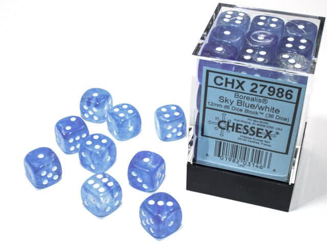 Chessex | d6 Dice Block | Acrylic | Borealis Sky Blue/white 12mm d6 (36 Dice) (CHX 27986)