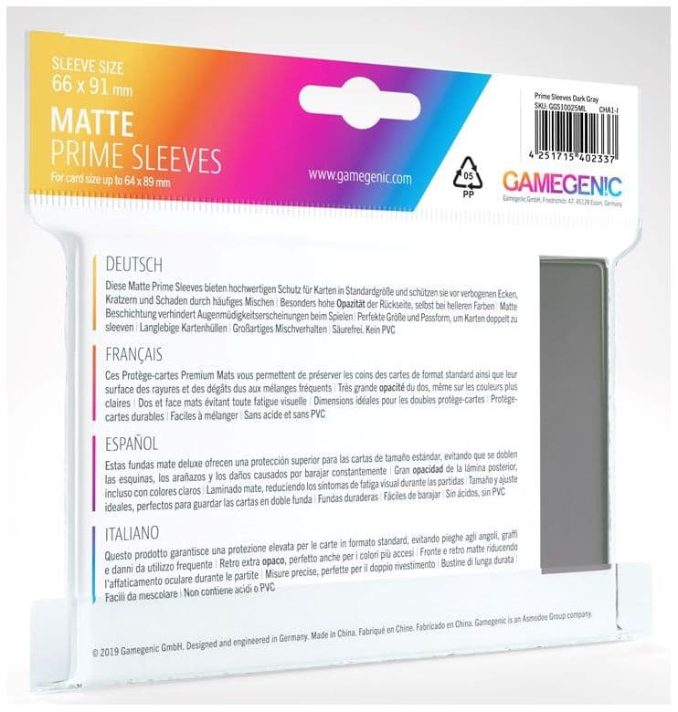 Gamegenic | Matte Prime Card Sleeves | Dark Gray (66 x 91mm) - 100ct