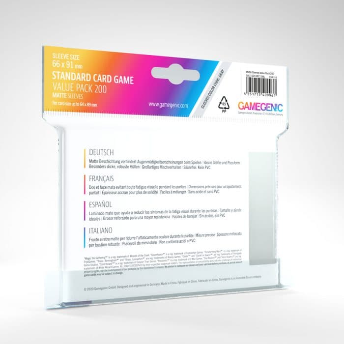 Gamegenic | Board Game Sleeves | Matte | Standard Size (66 x 91mm) - Value Pack 200ct