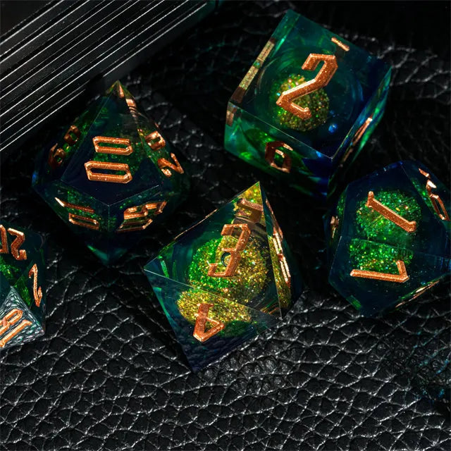 RPG Dice Set | Acrylic | Liquid Dice - Gold and Blue-Green | Set of 7 (D0222)