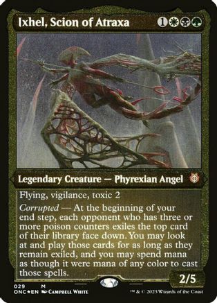 Ixhel, Scion of Atraxa (Display Commander) (Foil Etched) - Thick Stock (029) [Commander: Phyrexia: All Will Be One]  Foil