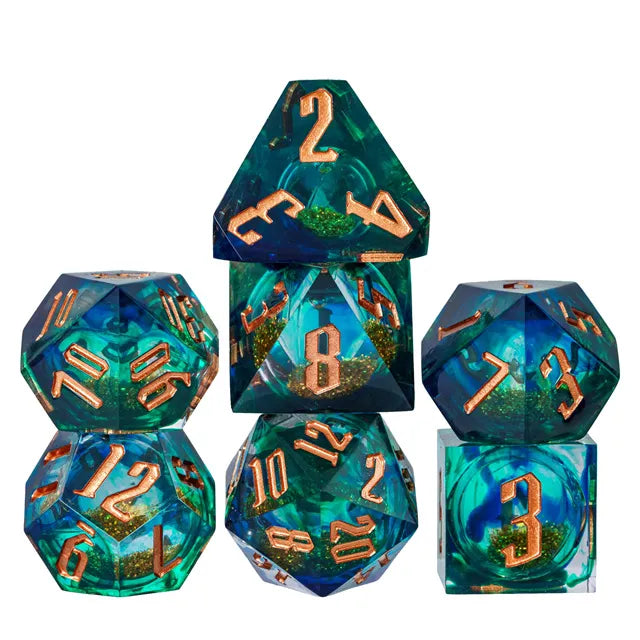 RPG Dice Set | Acrylic | Liquid Dice - Gold and Blue-Green | Set of 7 (D0222)
