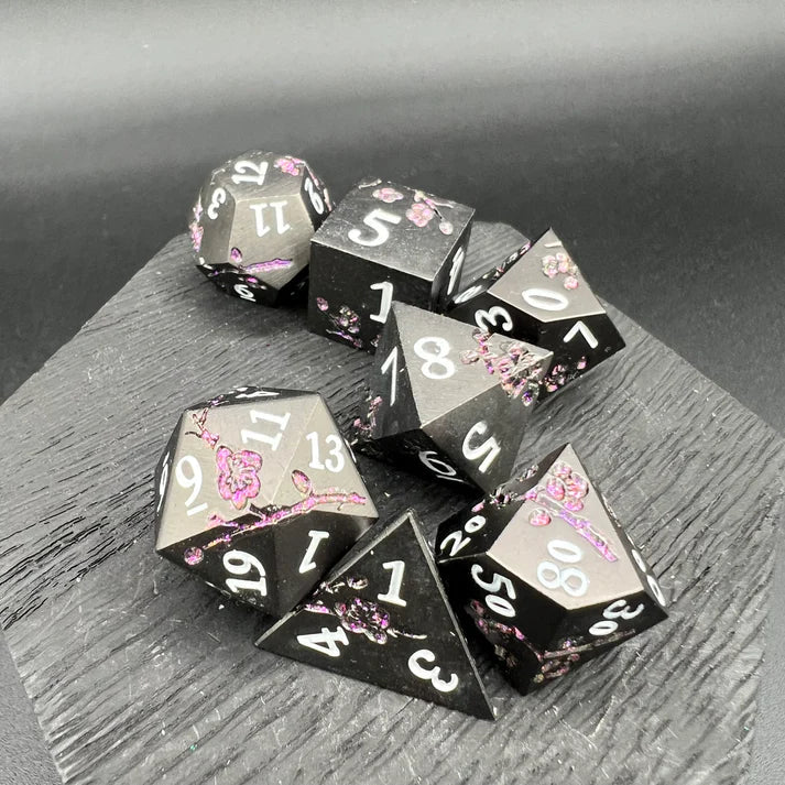 Polyhedral Dice Set | Metal | "Plum Blossom" - Black and Purple | Set of 7 (D0274)