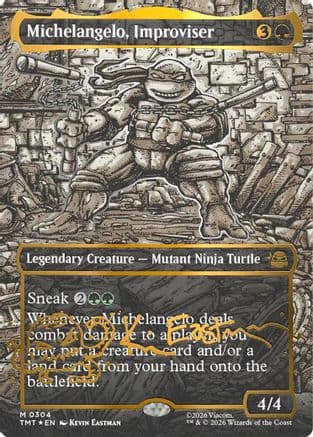 Michelangelo, Improviser (Borderless) (Gold-Stamped Signature) |  Foil (304) [Teenage Mutant Ninja Turtles]