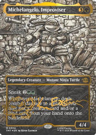 Michelangelo, Improviser (Borderless) (Gold-Stamped Signature) |  Foil (304) [Teenage Mutant Ninja Turtles]