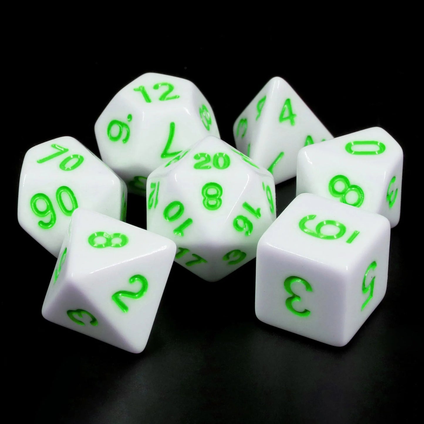 Polyhedral Dice Set | Acrylic | Solid White (Green Ink) | Set of 7 (D0105)