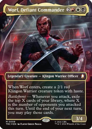 Worf, Defiant Commander (Borderless) (Surge Foil) |  Foil (008) [Commander: Star Trek]