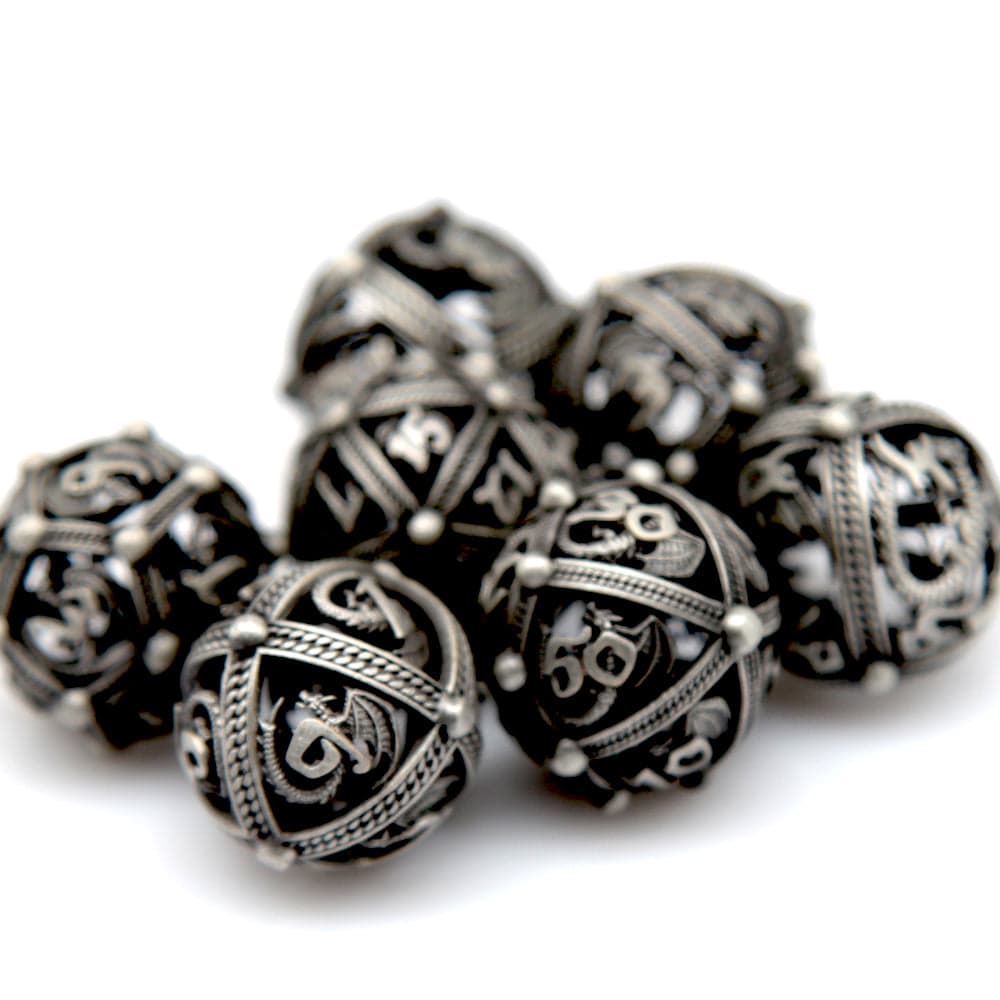 RPG Dice Set | Hollow Metal | Dragon Orb - Silver | Set of 7 (D0225)