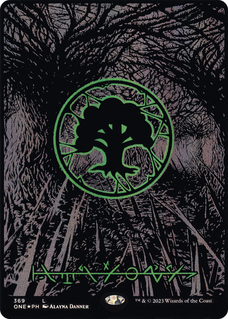 Forest (369) (Oil Slick Raised Foil) [Phyrexia: All Will Be One]