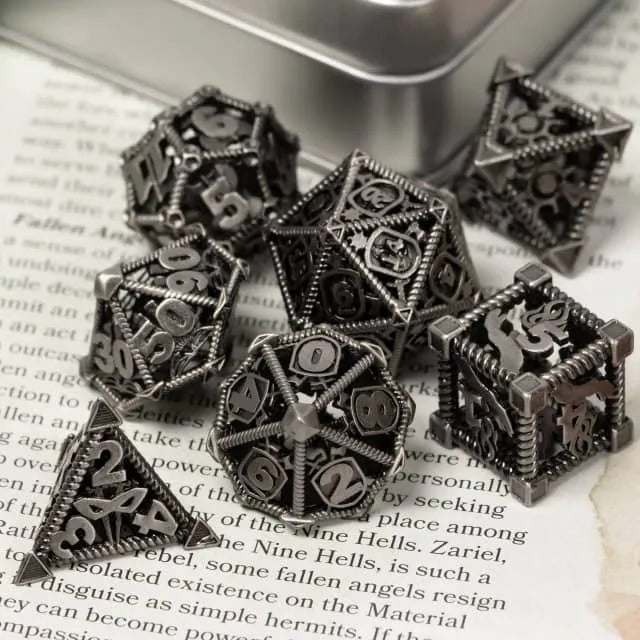 RPG Dice Set | Hollow Metal | "Character Class" - Silver  | Set of 7 (D0232)